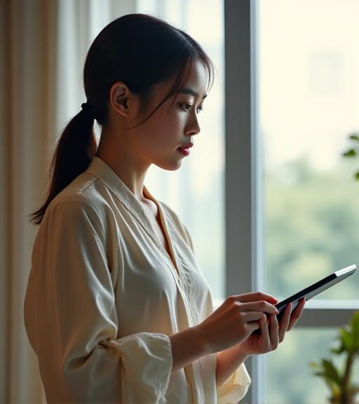 Professional Japanese learner studying on a tablet in a modern workspace