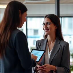 Leadership coach guiding female professional through self-paced video modules